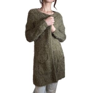 Y2K Mohair‎ Fuzzy Gold Stud Open Cardigan Sweater S Embellished Grunge Cozy Boho